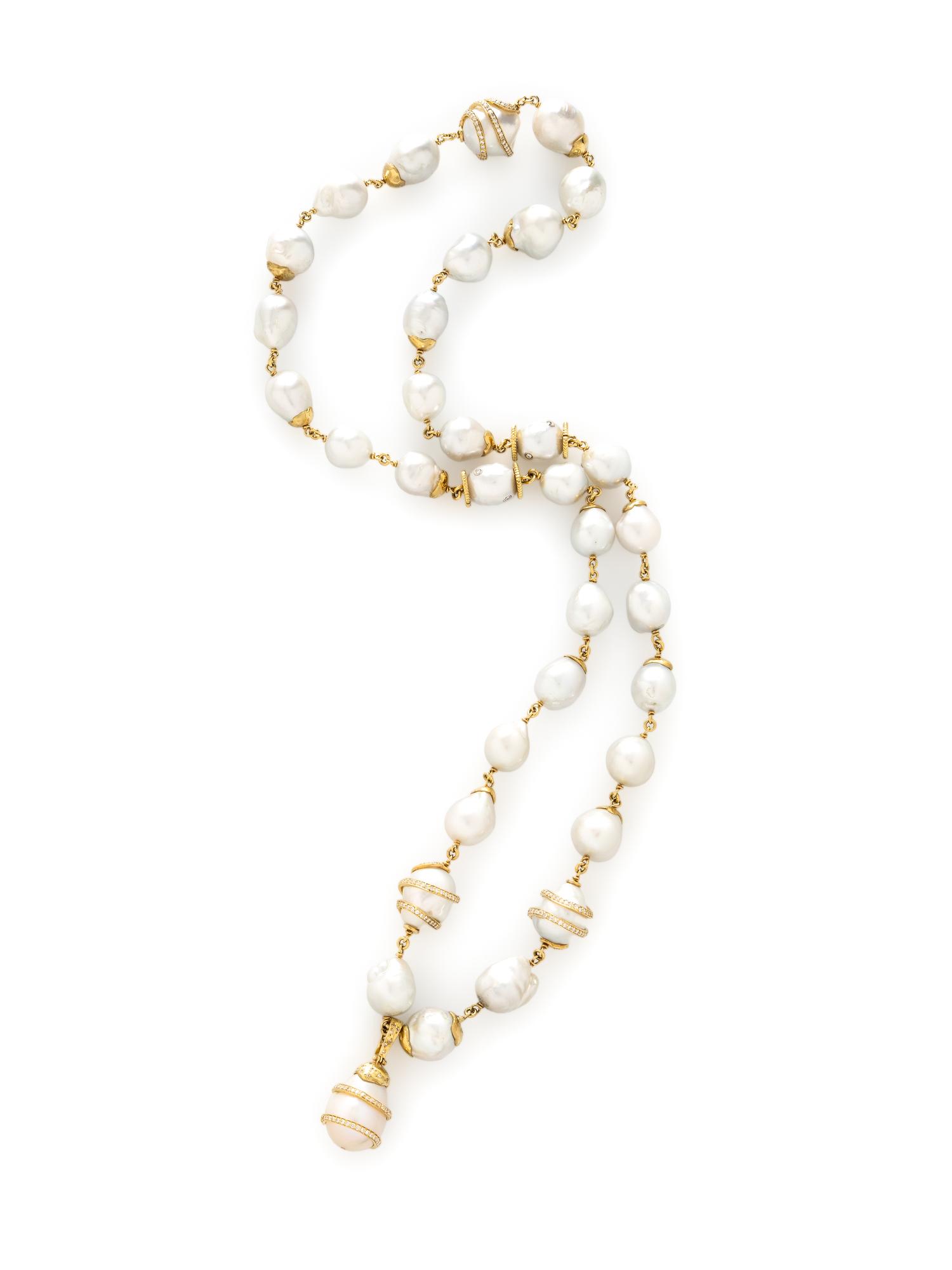 CULTURED BAROQUE PEARL, DIAMOND, PINK SAPPHIRE, AND YELLOW GOLD CONVERTIBLE NECKLACE AND PENDANTS