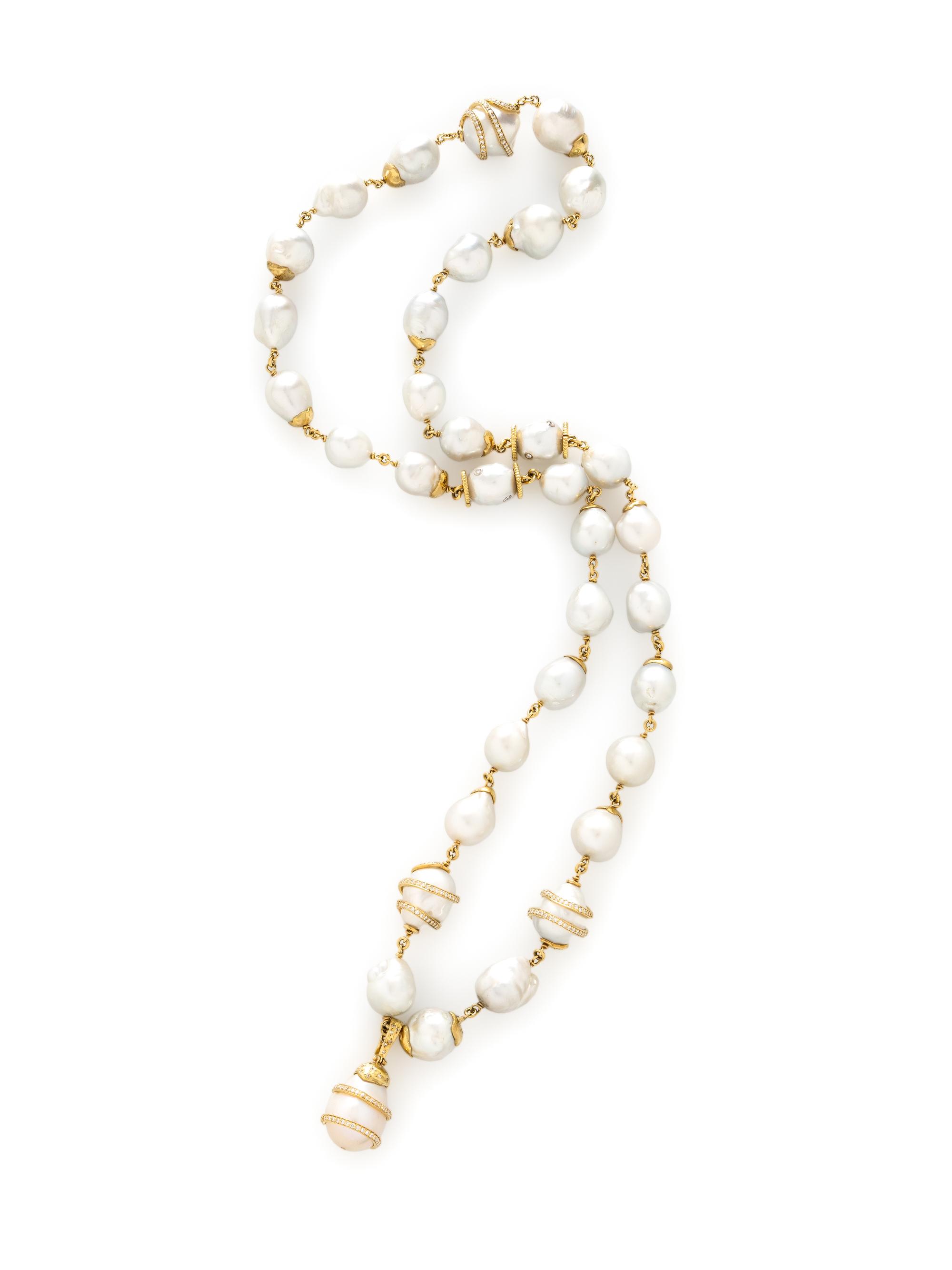 CULTURED BAROQUE PEARL, DIAMOND, PINK SAPPHIRE, AND YELLOW GOLD CONVERTIBLE NECKLACE AND PENDANTS