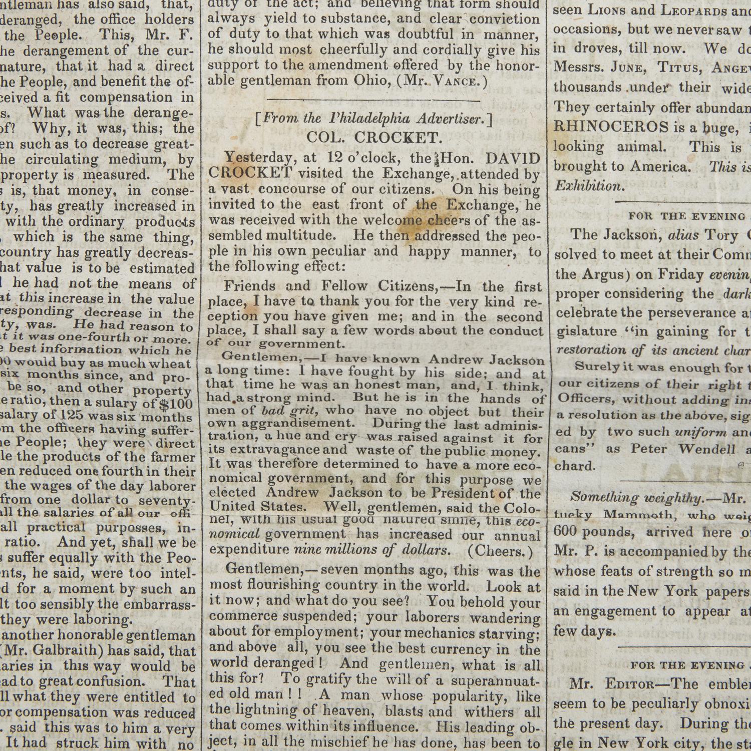 [Crockett, Davy] The First American Comic Book: Group of 2 Items Related to Davy Crockett, Including Likely the First Mention of Him in an American Magazine
