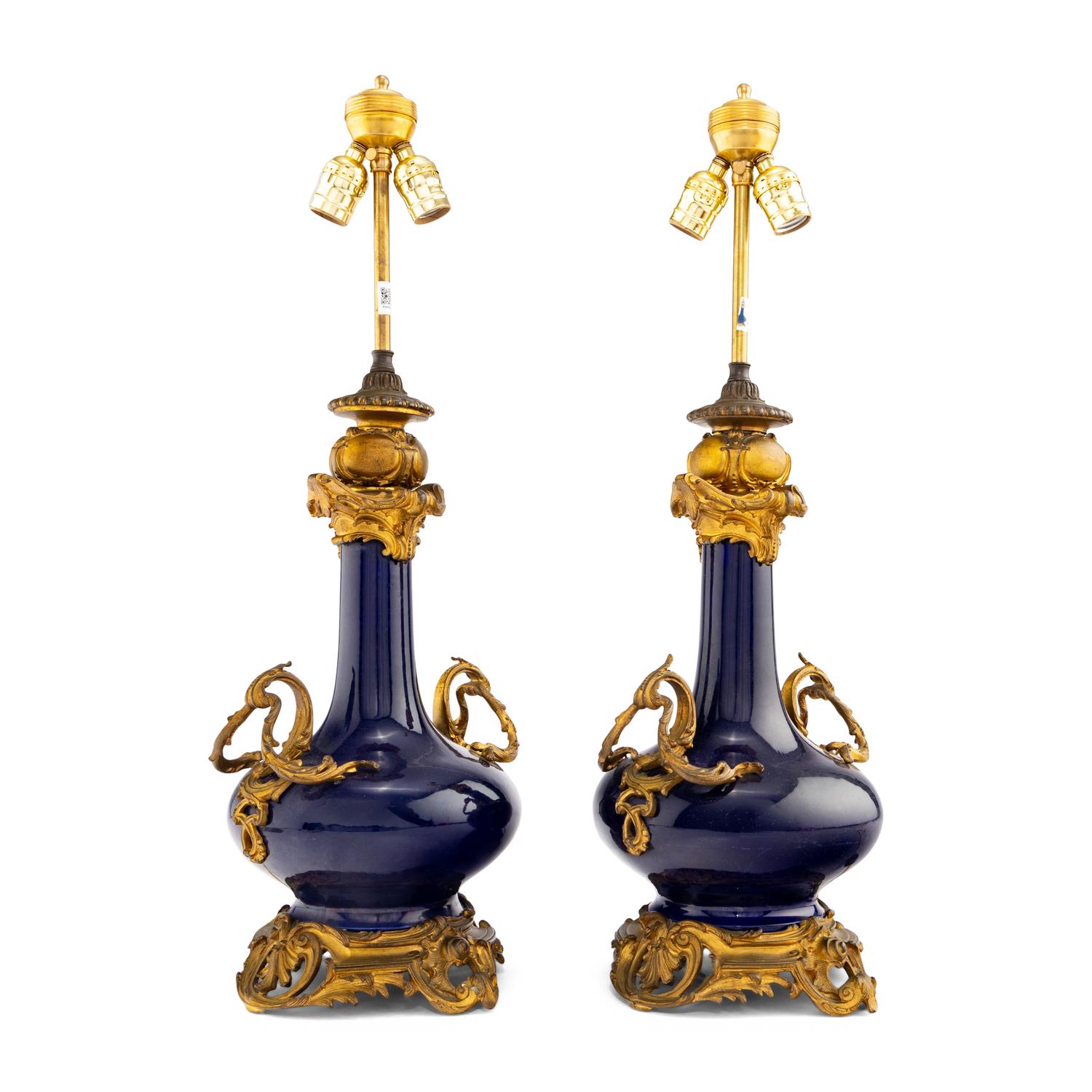 A Pair of Louis XV Style Gilt Bronze Mounted Cobalt Porcelain Vases