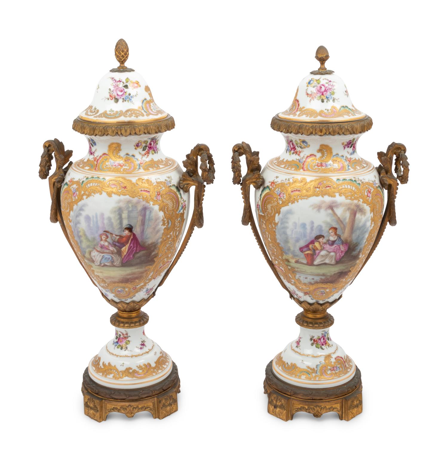 A Pair of Choisy le Roi Gilt Bronze-Mounted Porcelain Urns