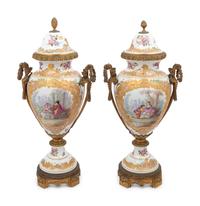 A Pair of Choisy le Roi Gilt Bronze-Mounted Porcelain Urns