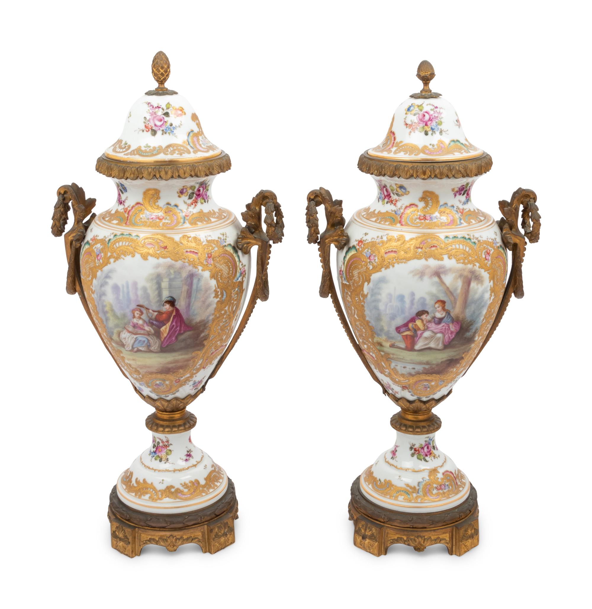 A Pair of Choisy le Roi Gilt Bronze-Mounted Porcelain Urns