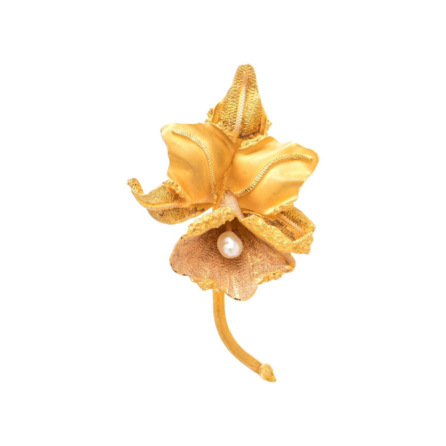YELLOW GOLD AND PEARL ORCHID BROOCH