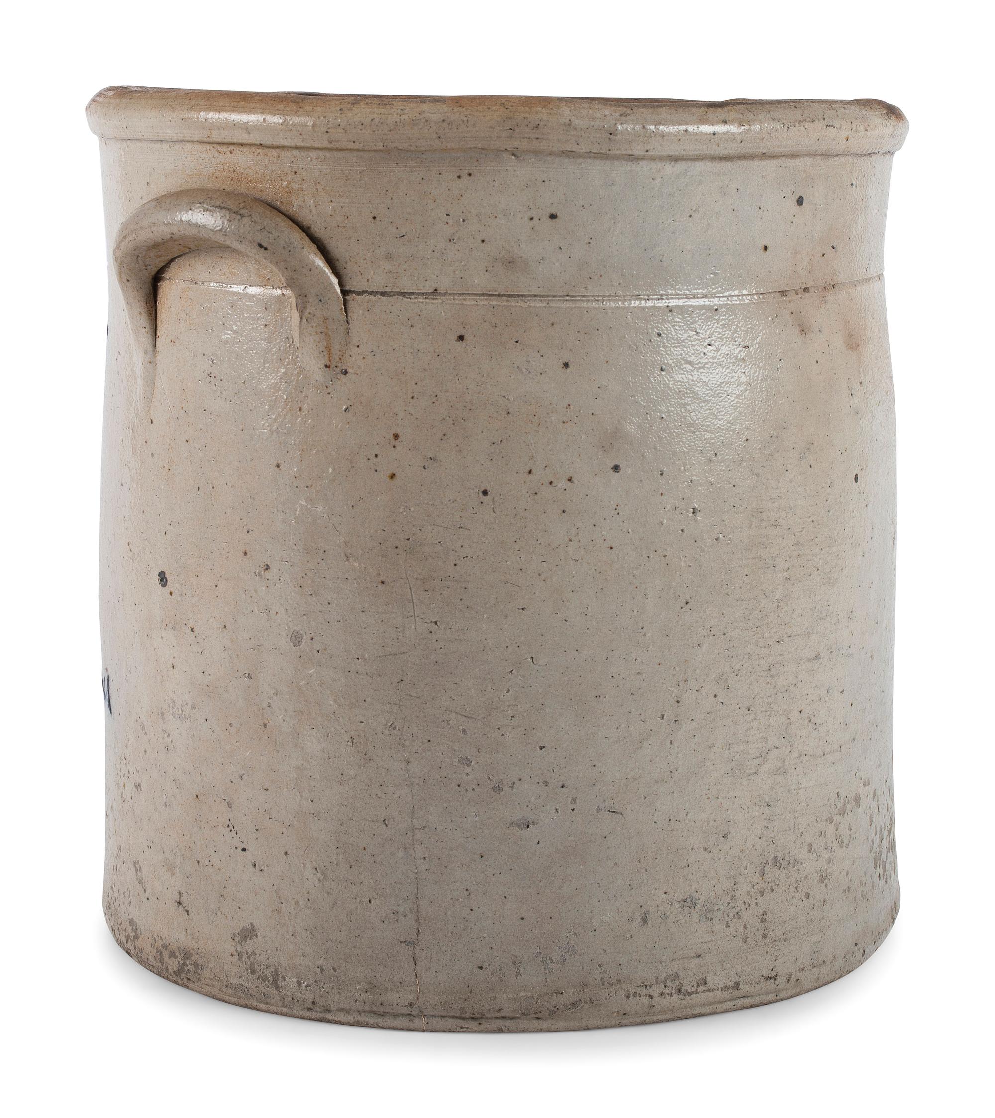 An Ohio Cobalt Script-Painted Three Gallon Stoneware Crock
