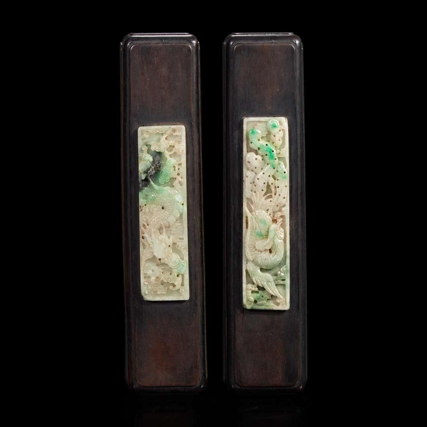 A pair of Chinese jadeite and hardwood scroll weights