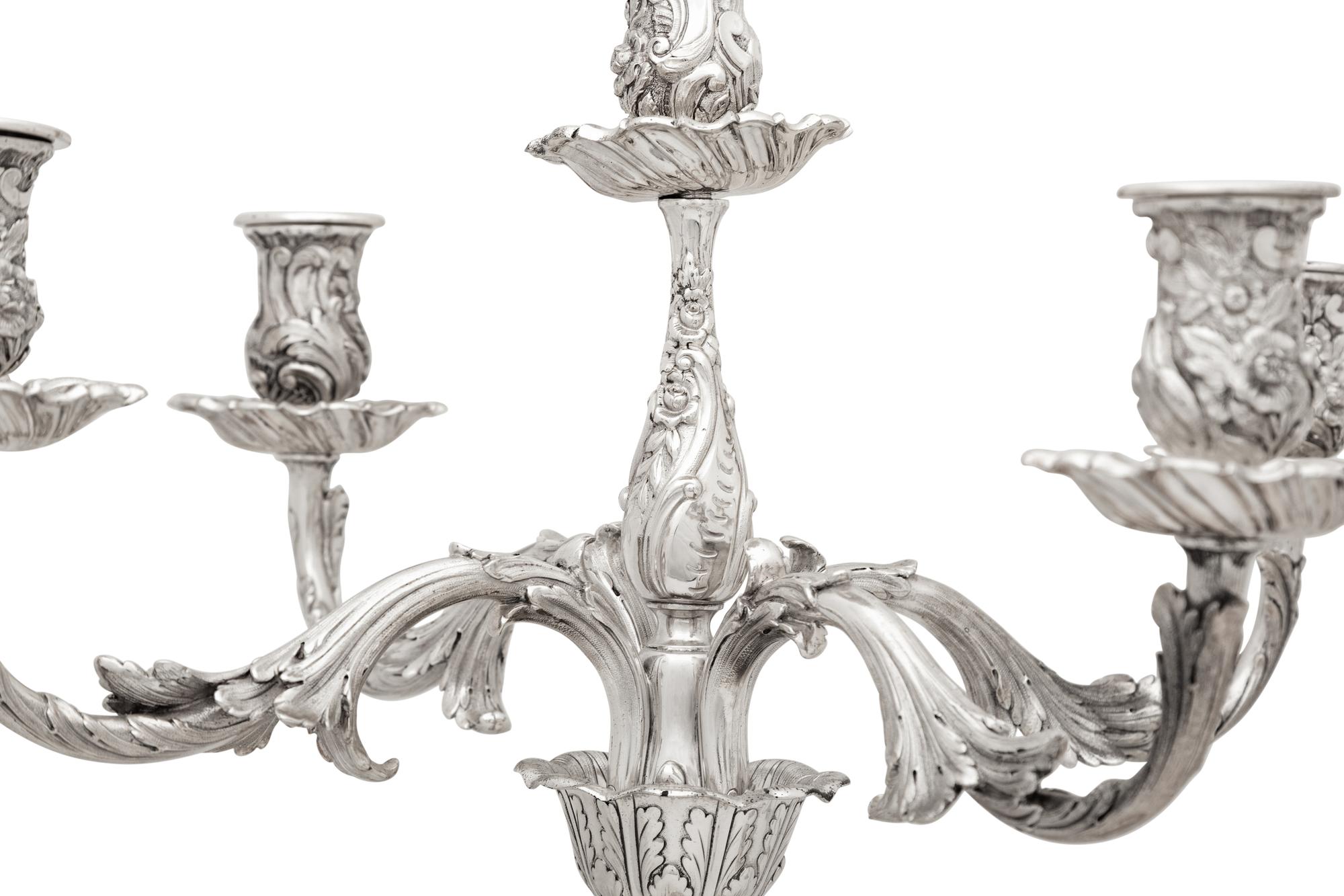 A Pair of Tiffany and Co. Silver Five-Light Candelabra