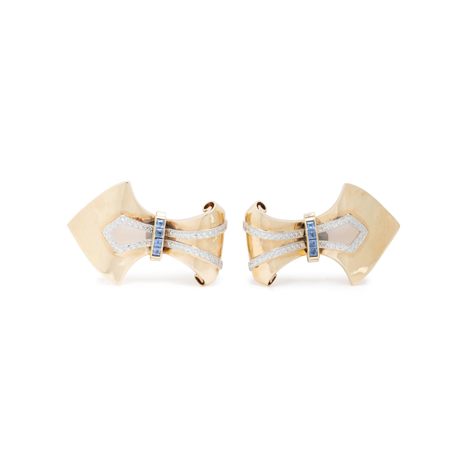 RETRO, YELLOW GOLD AND SAPPHIRE DOUBLE CLIP/BROOCH