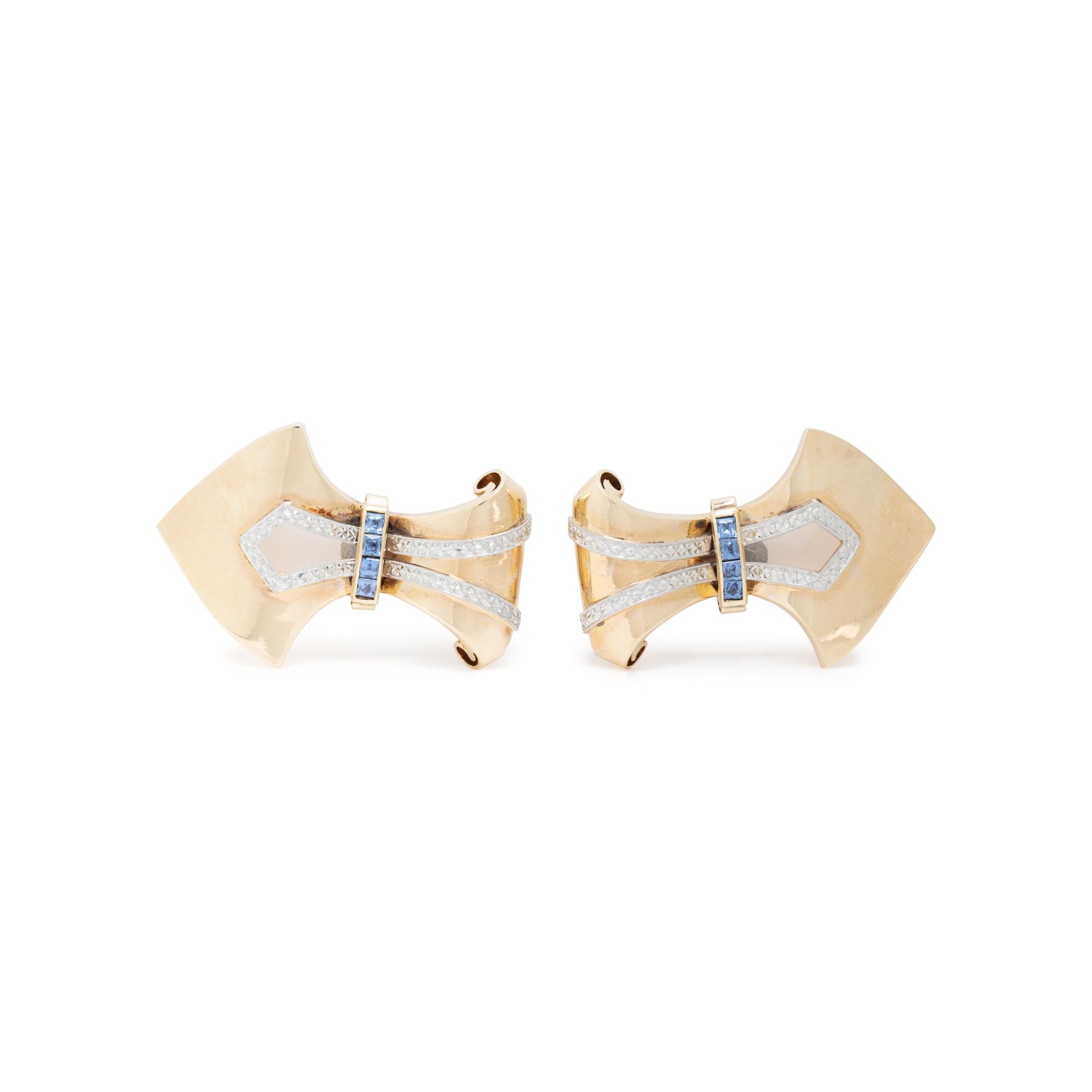 RETRO, YELLOW GOLD AND SAPPHIRE DOUBLE CLIP/BROOCH