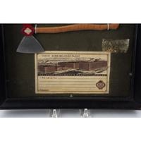 A Central Scientific Co. Scale, an Ingraham Eight-Day Movement Mantle Clock and Framed Salesmen Samples of Blue Grass Axes