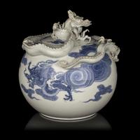A Japanese Hirado-Style Blue and White Porcelain 'Dragon' Covered Jar and a Pair of Blue and White Porcelain Covered Incense Burners, Koro