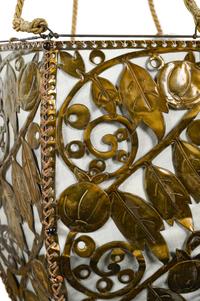 A Pierced Gilt Metal and Silk Pendant Light