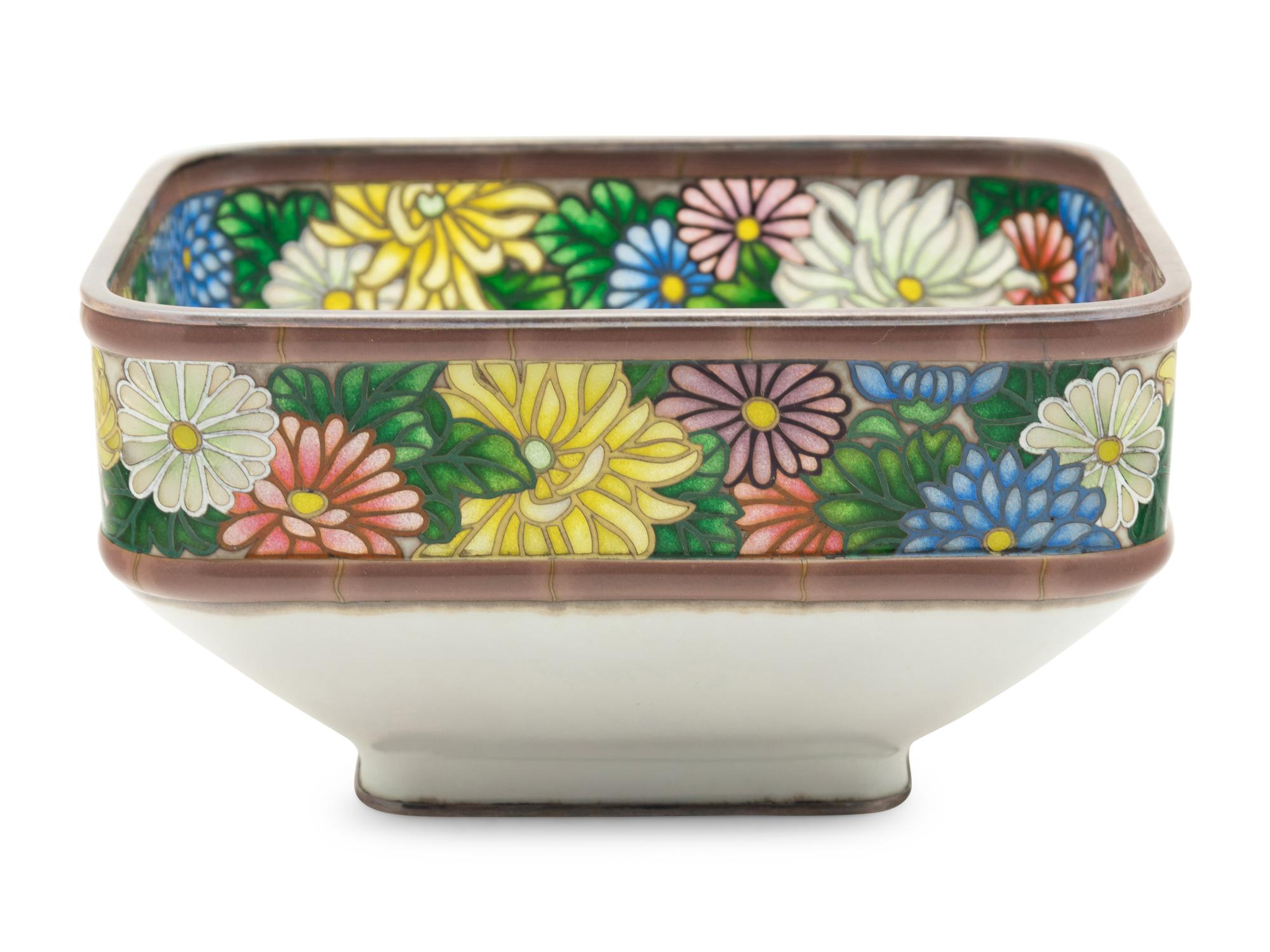 A Japanese Cloisonné-Enamel and Partial Plique-à-Jour Square Bowl