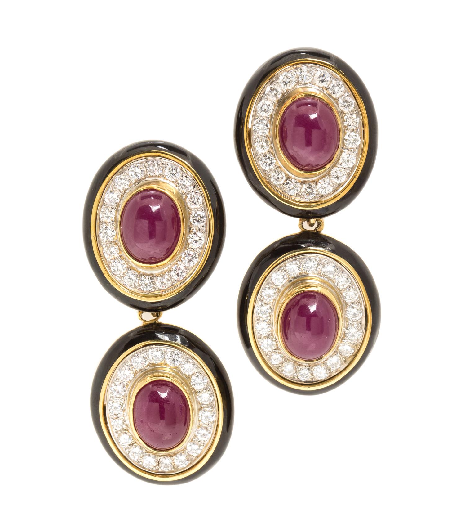 A Pair of Gold, Ruby, Diamond and Enamel Convertible Earclips, 26.00 dwts.
