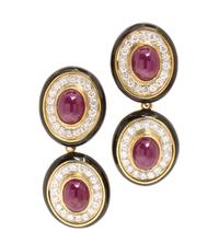 A Pair of Gold, Ruby, Diamond and Enamel Convertible Earclips, 26.00 dwts.