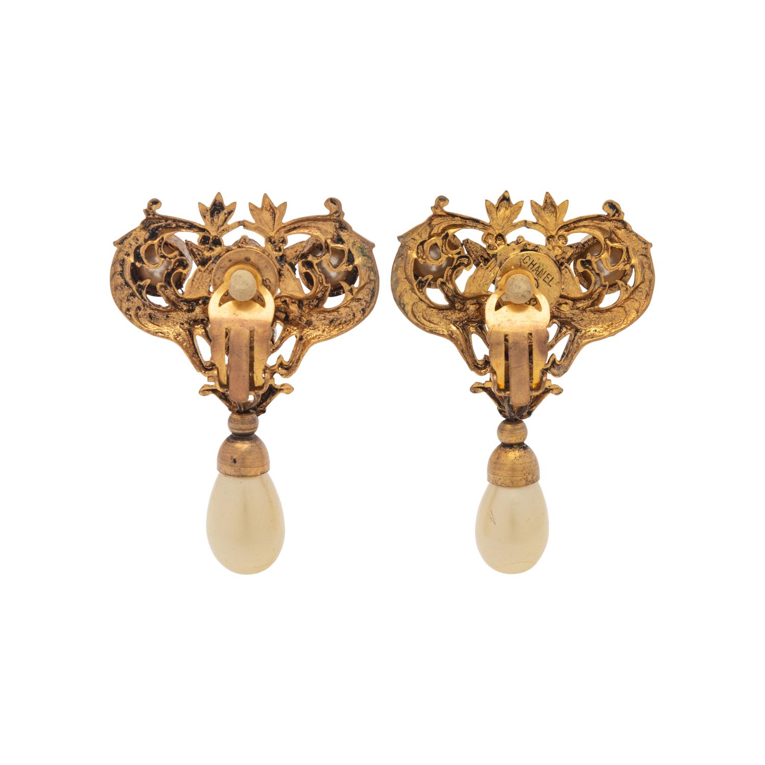 Chanel Faux Pearl Drop Filigree Ear Clips, 1983