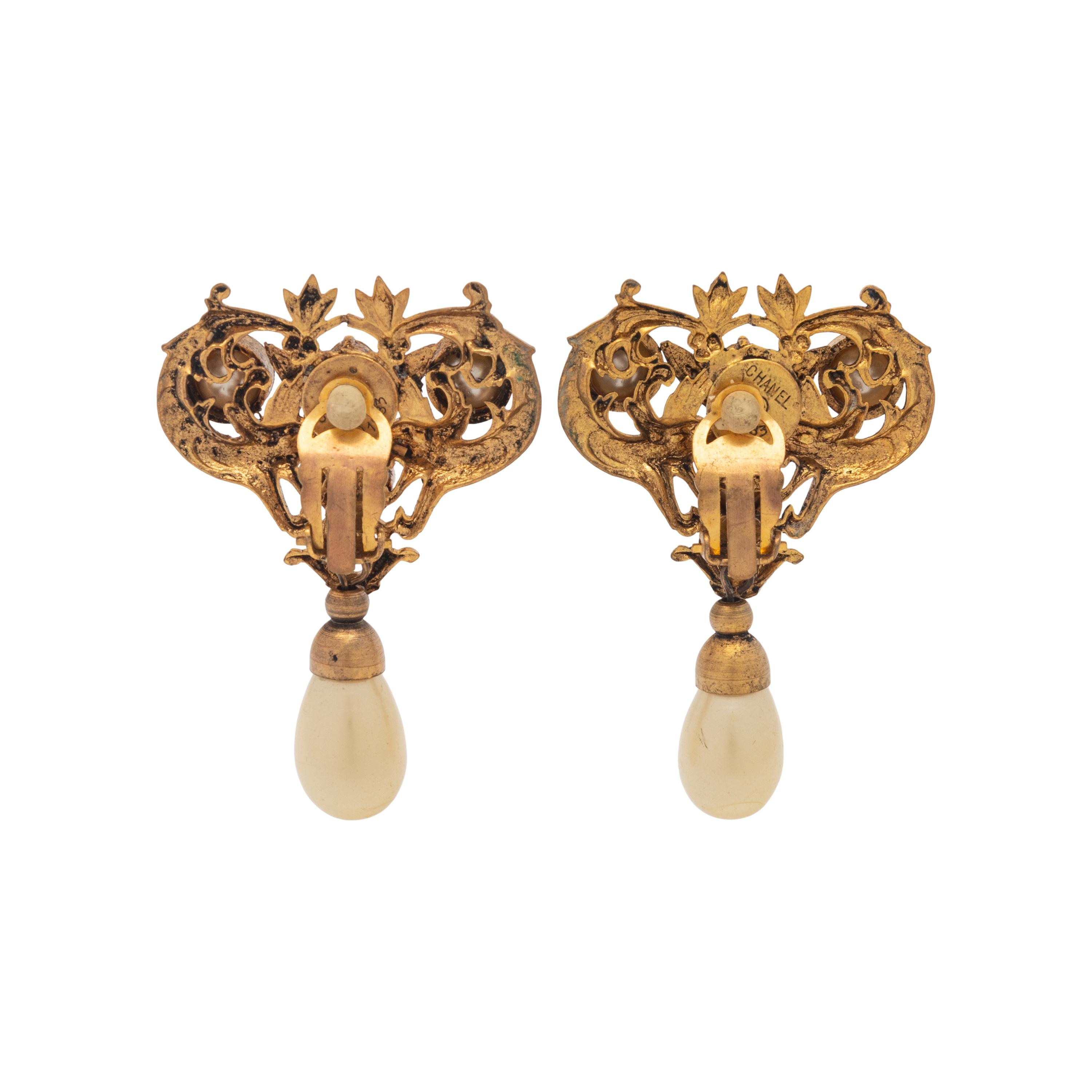 Chanel Faux Pearl Drop Filigree Ear Clips, 1983