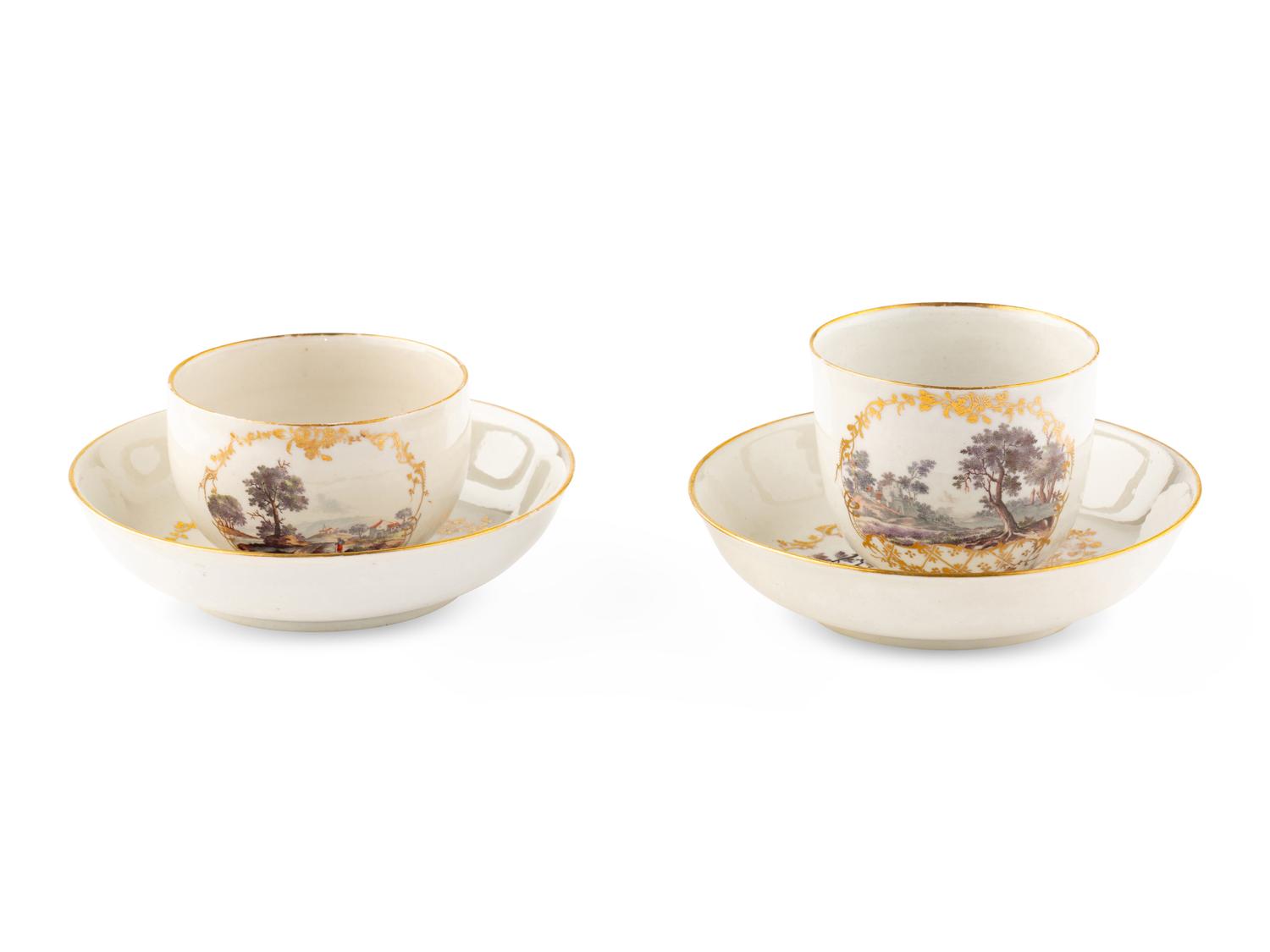 A Near Pair of South Italian Porcelain Teacups and Saucers