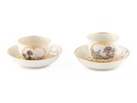 A Near Pair of South Italian Porcelain Teacups and Saucers