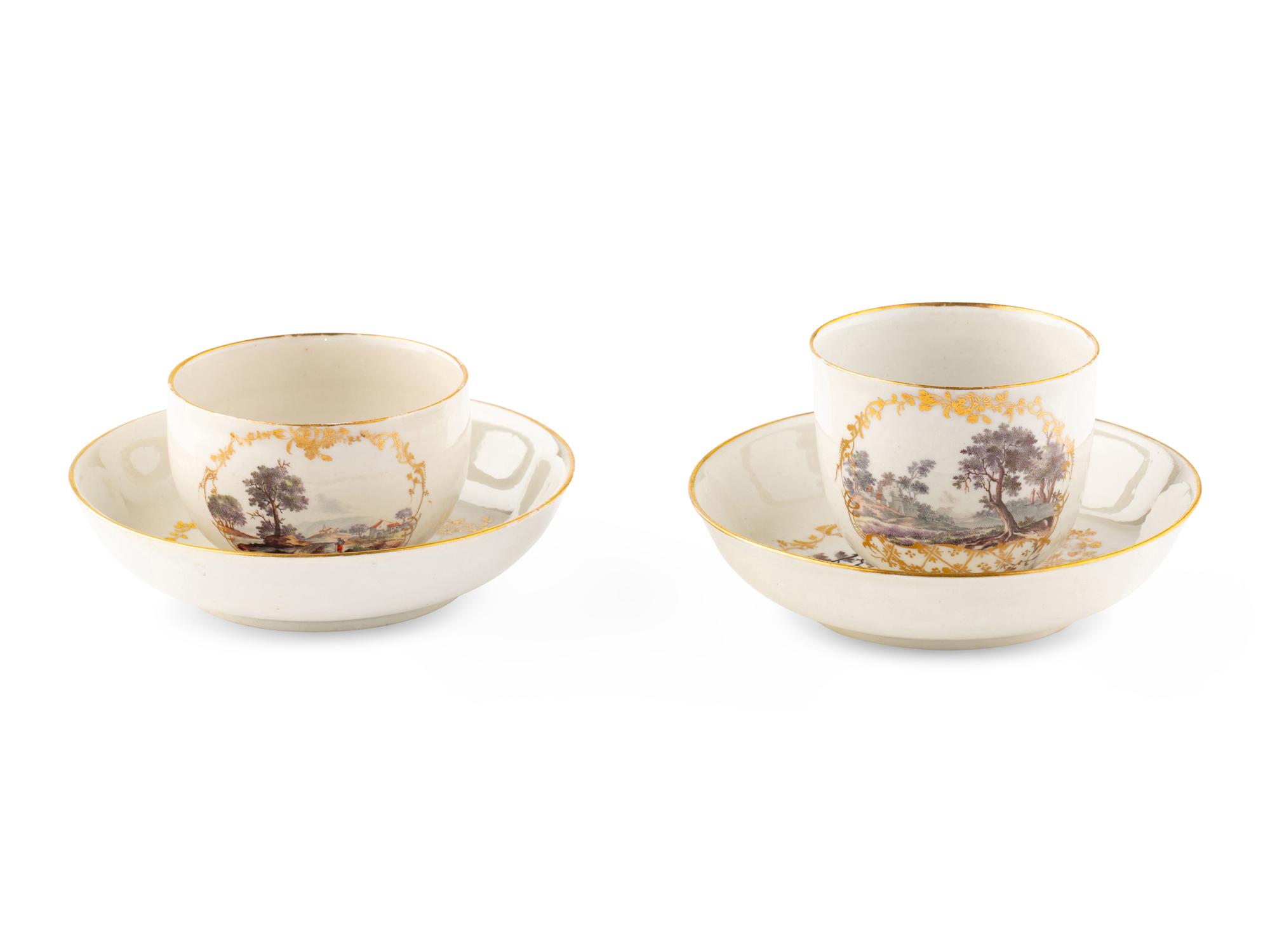 A Near Pair of South Italian Porcelain Teacups and Saucers