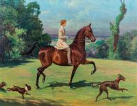 Woman Riding Horseback with Dogs