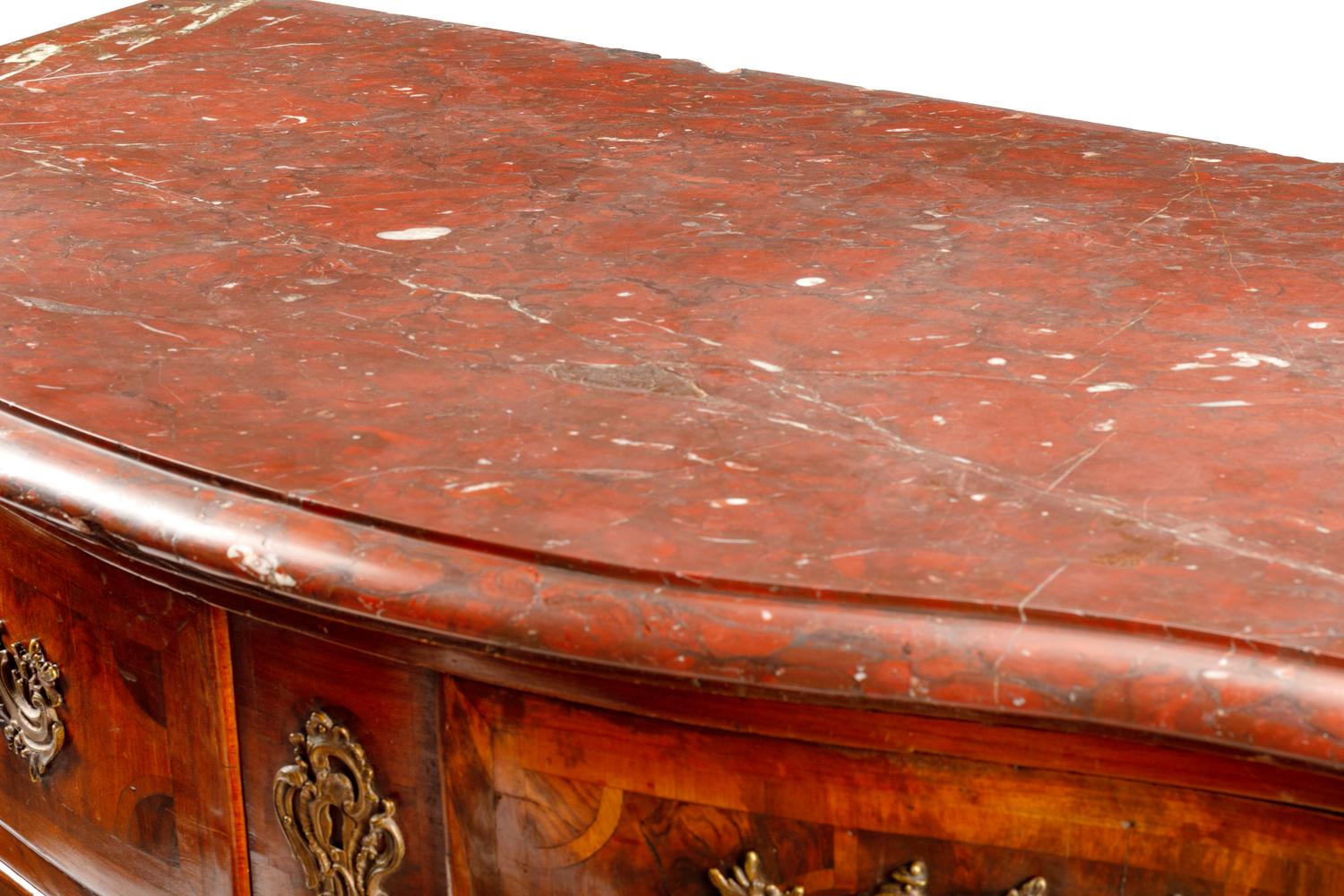 A Régence Gilt Bronze Mounted Parquetry Marble-Top Commode