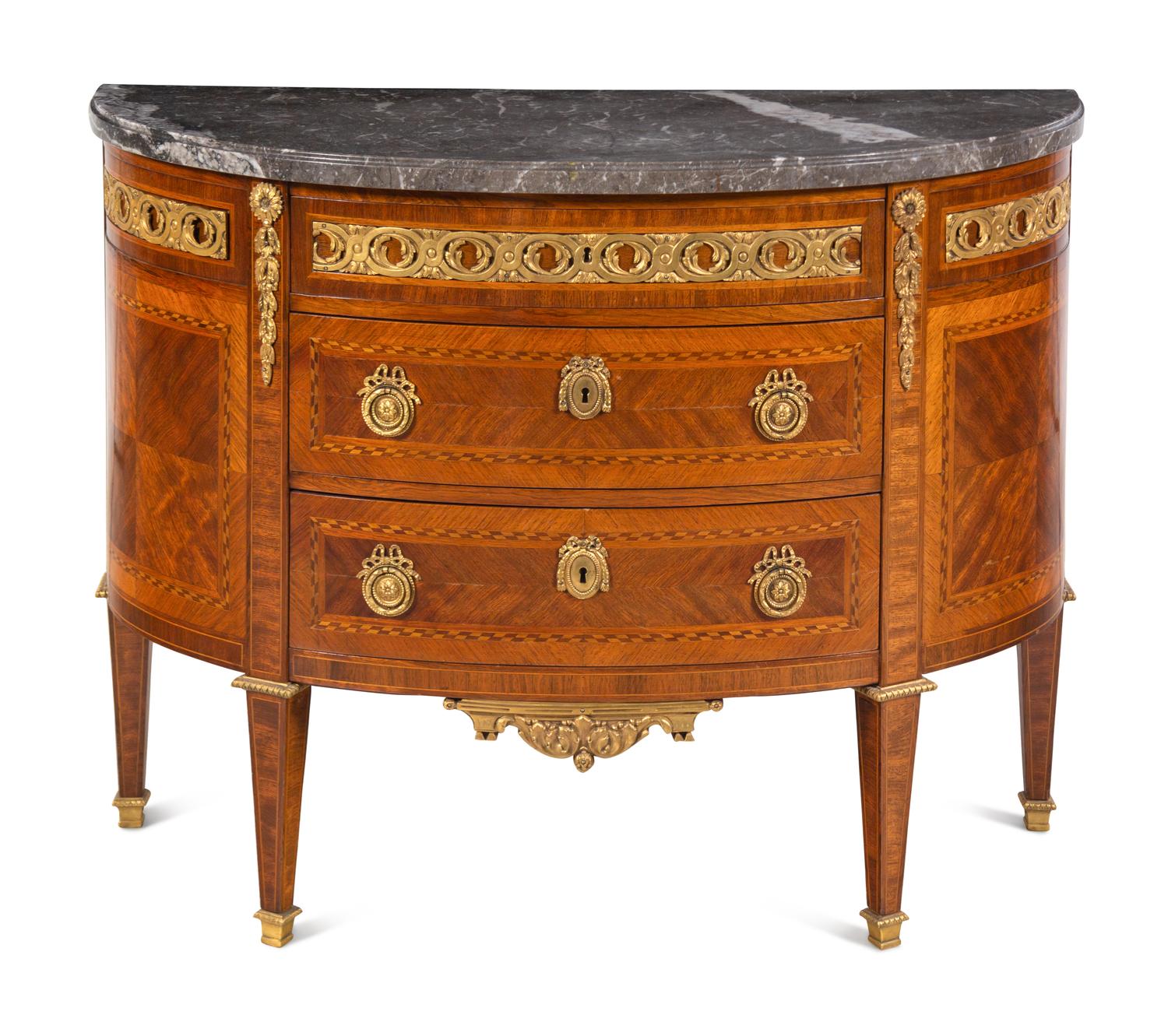 A Louis XVI Gilt Bronze Mounted Parquetry Marble-Top Commode