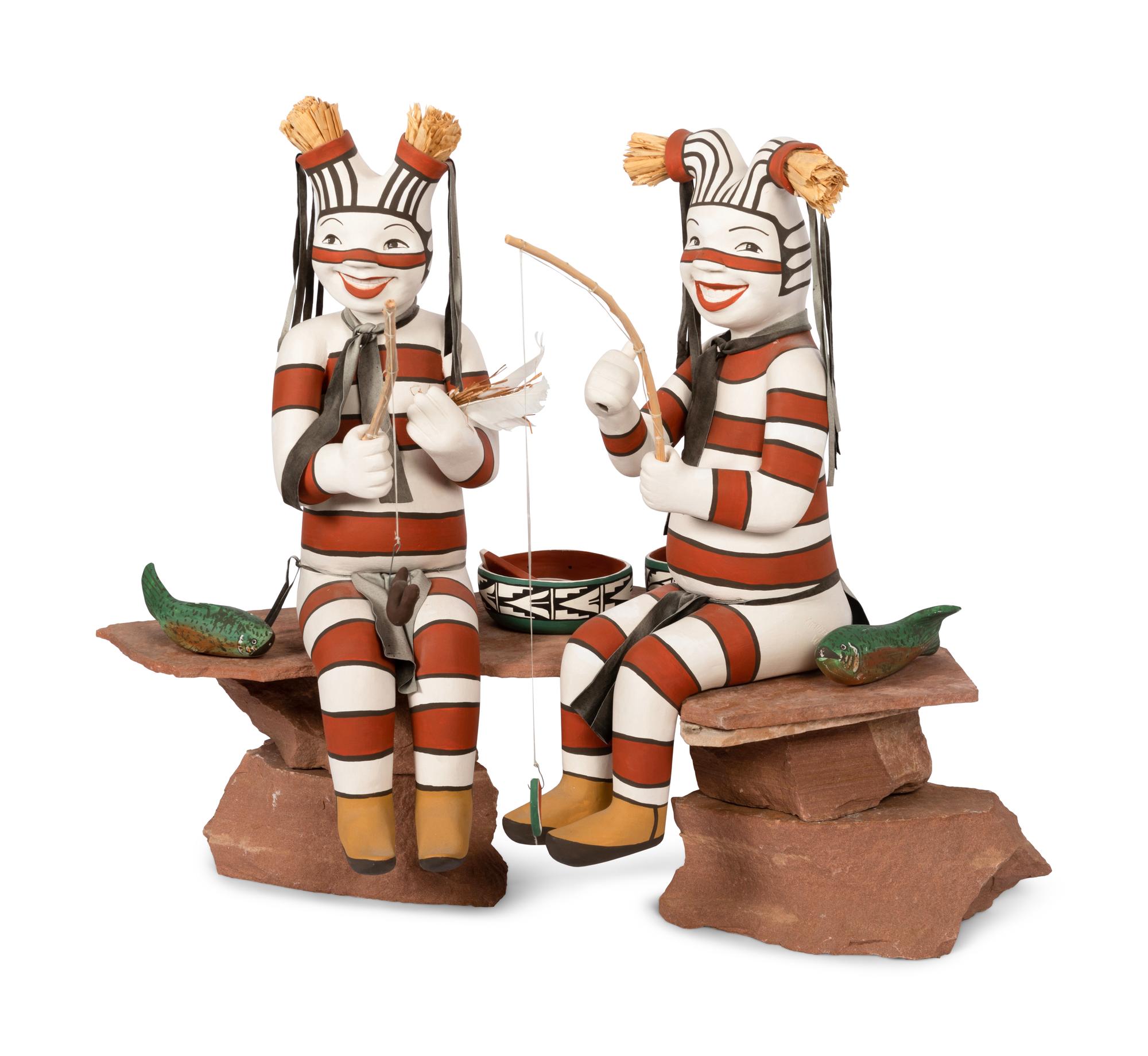 Koshare Fishers, two figures with fish and watermelon bowls
