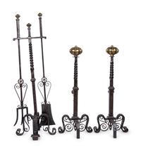 A Pair of Continental Brass and Iron Andirons and Fender