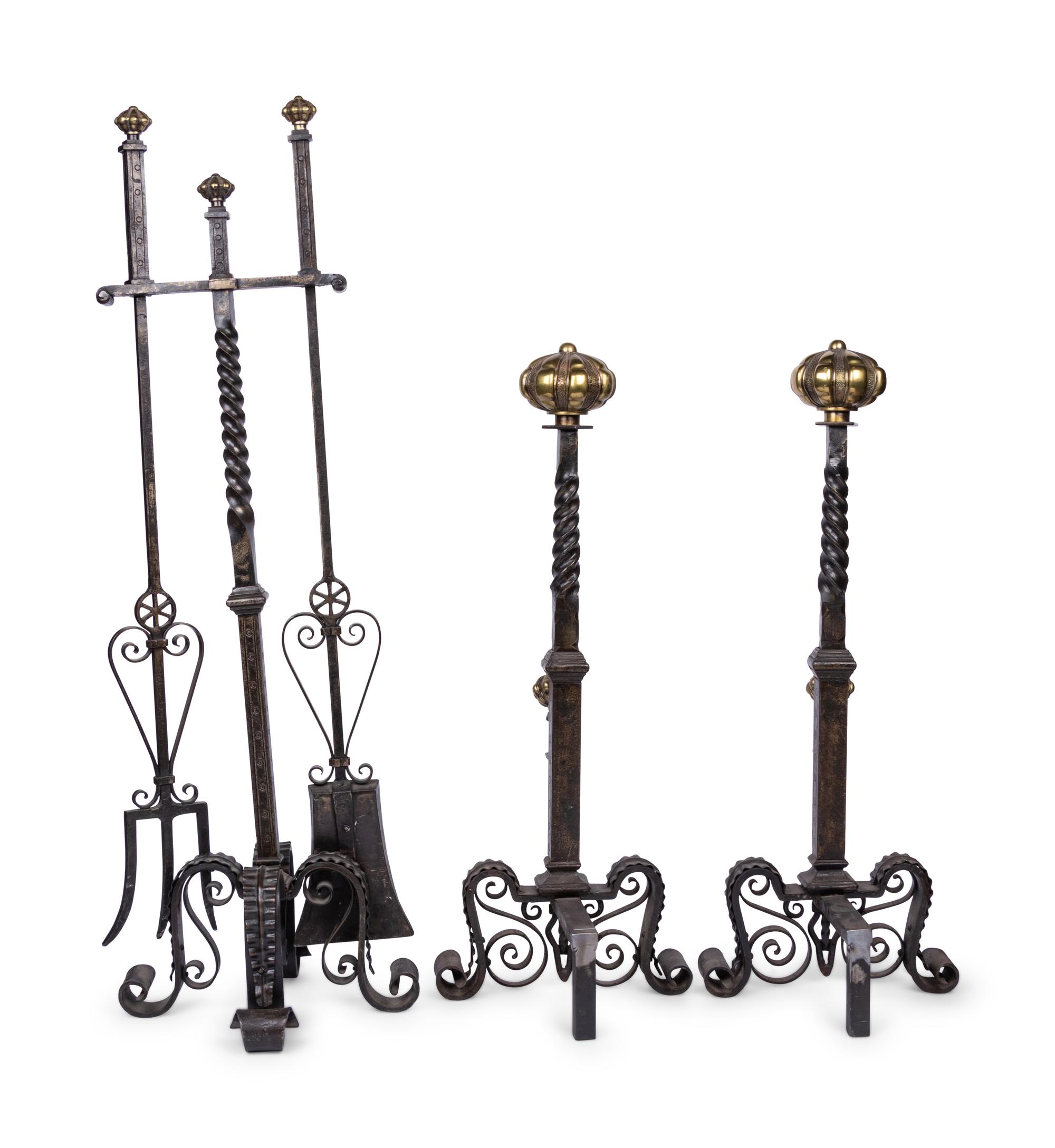 A Pair of Continental Brass and Iron Andirons and Fender