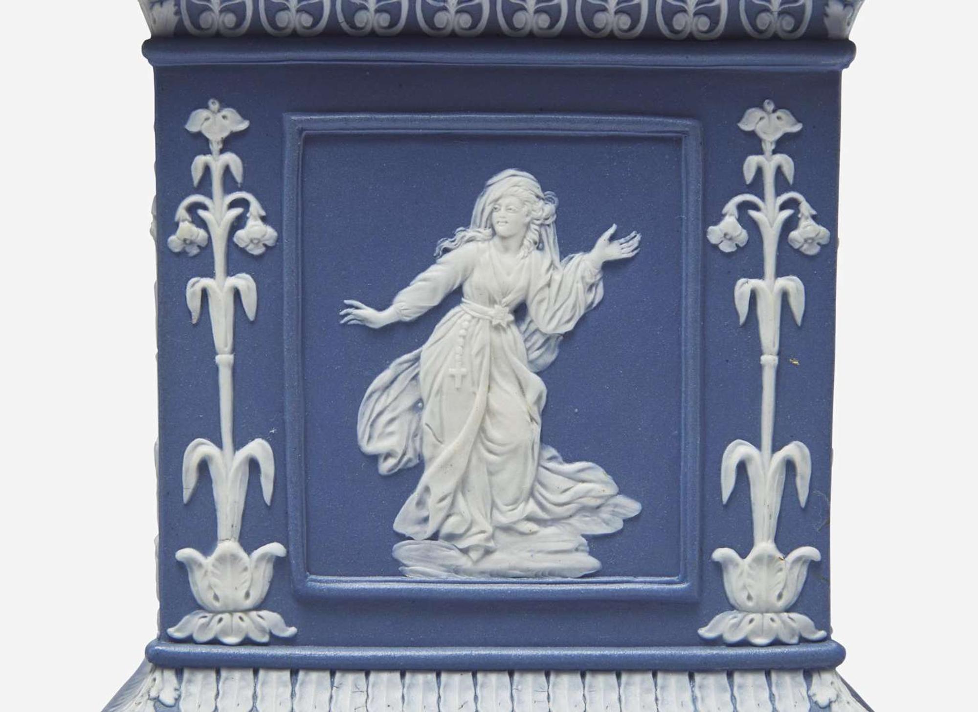 A Neale & Co. Blue Jasperware Three-Piece Garniture, UK, 1780s