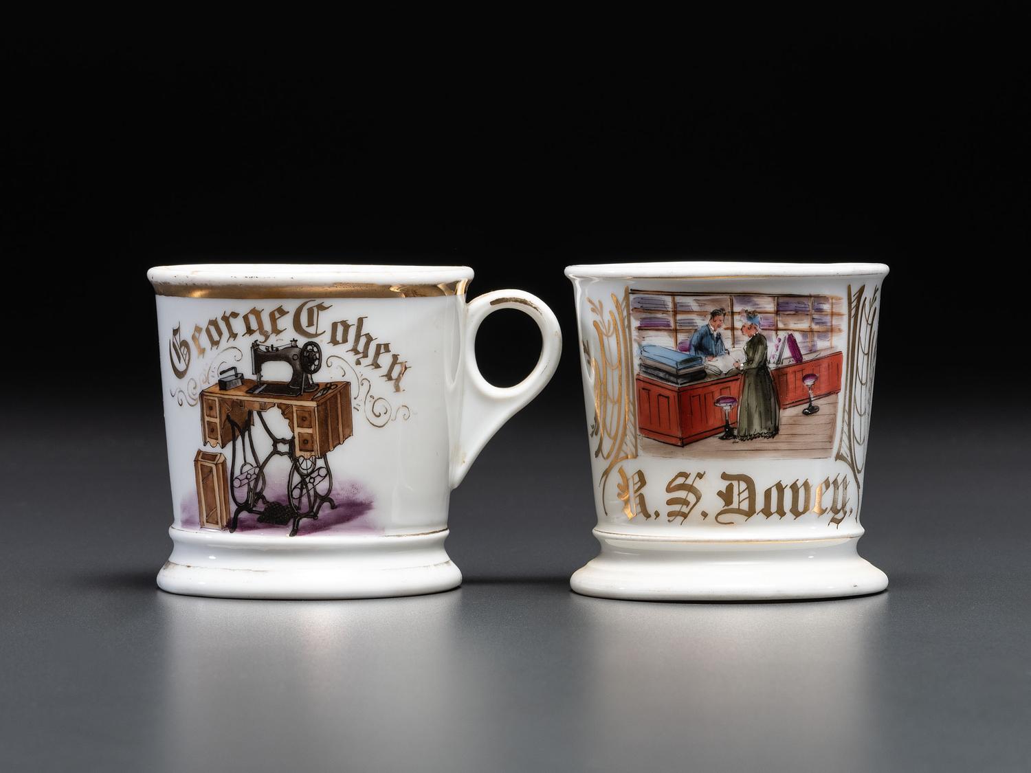 Two Tailor's Porcelain Occupational Shaving Mugs