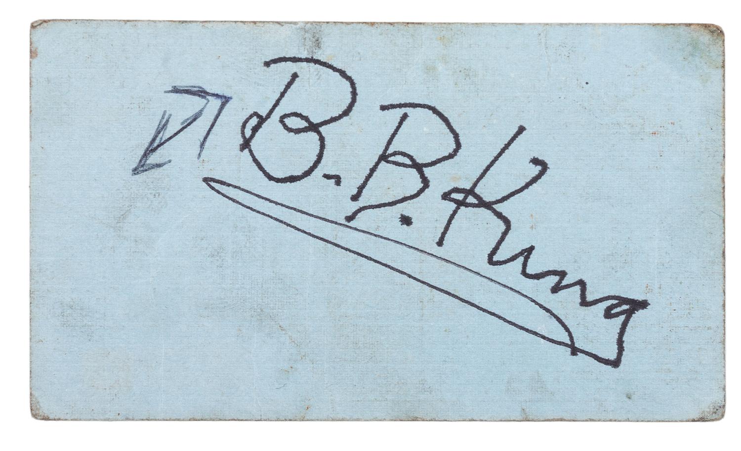 [MUSIC] -- [KING, B.B. (1925-2015)]. A group of 6 items related to B.B. King, highlighted by an autographed business card (“B.B. King”), and press photographs. Ca 1970s-80s.