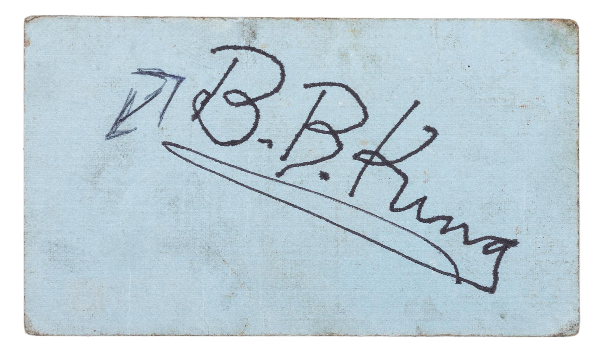 [MUSIC] -- [KING, B.B. (1925-2015)]. A group of 6 items related to B.B. King, highlighted by an autographed business card (“B.B. King”), and press photographs. Ca 1970s-80s.