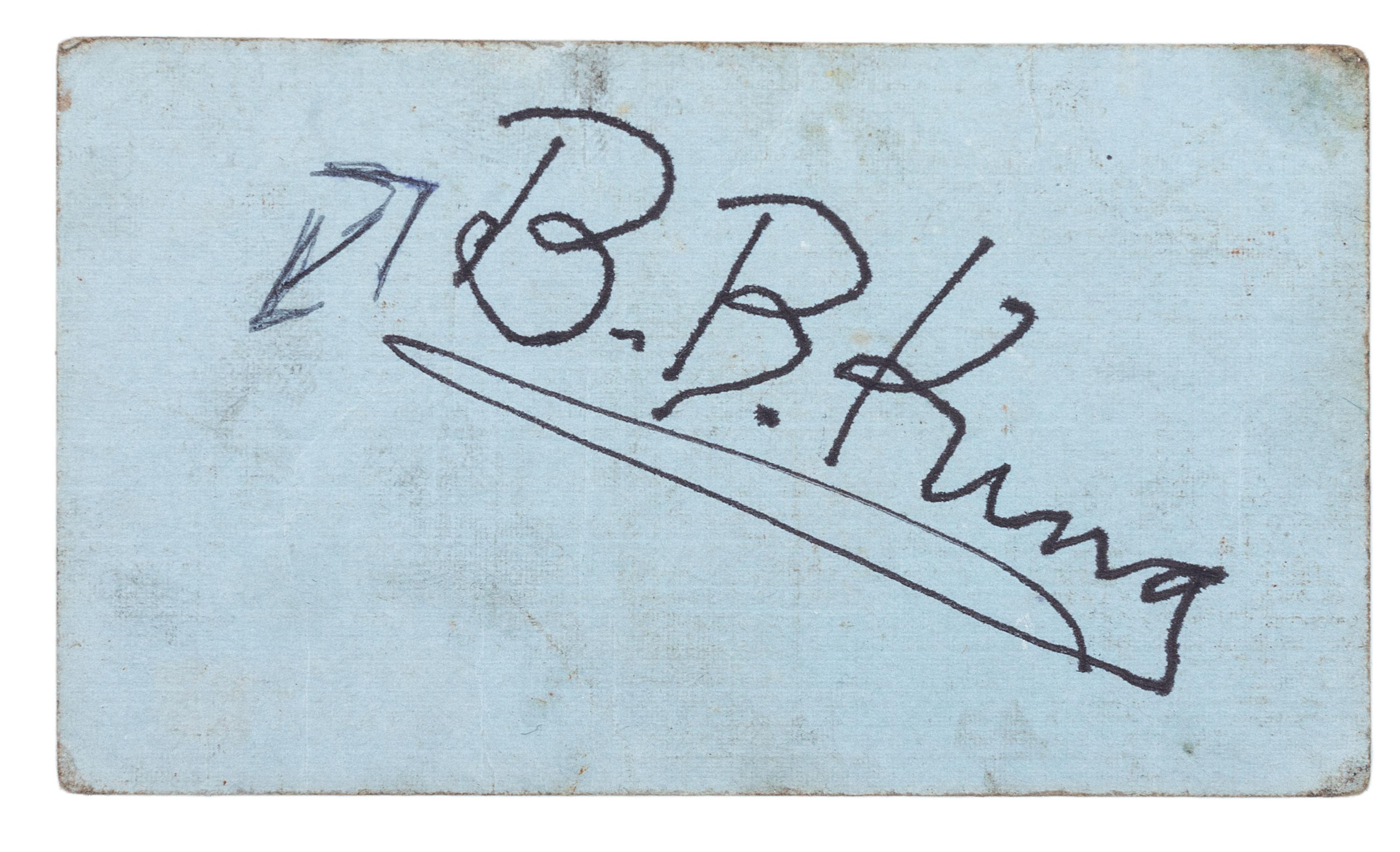 [MUSIC] -- [KING, B.B. (1925-2015)]. A group of 6 items related to B.B. King, highlighted by an autographed business card (“B.B. King”), and press photographs. Ca 1970s-80s.
