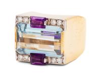 A 14 Karat Bicolor Gold, Multigem and Diamond Ring, M&J Savitt,