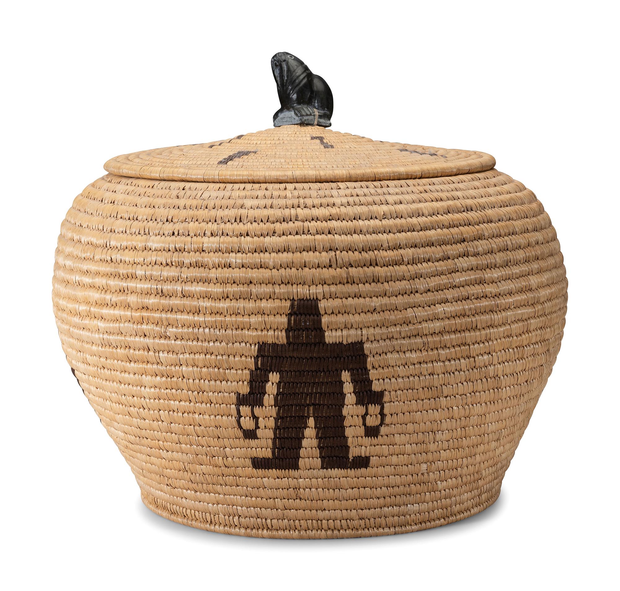 Large Lidded Storage Basket with Figures and Soapstone Finial