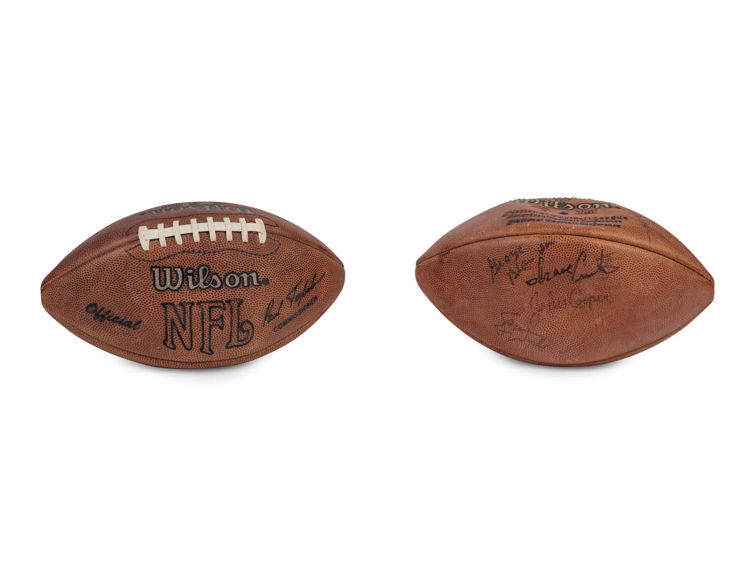 A Group of Two Hall of Fame Multi Signed Autograph Official Game Footballs (Including Johnny Unitas, Otto Graham, Gale Sayers and George Blanda)