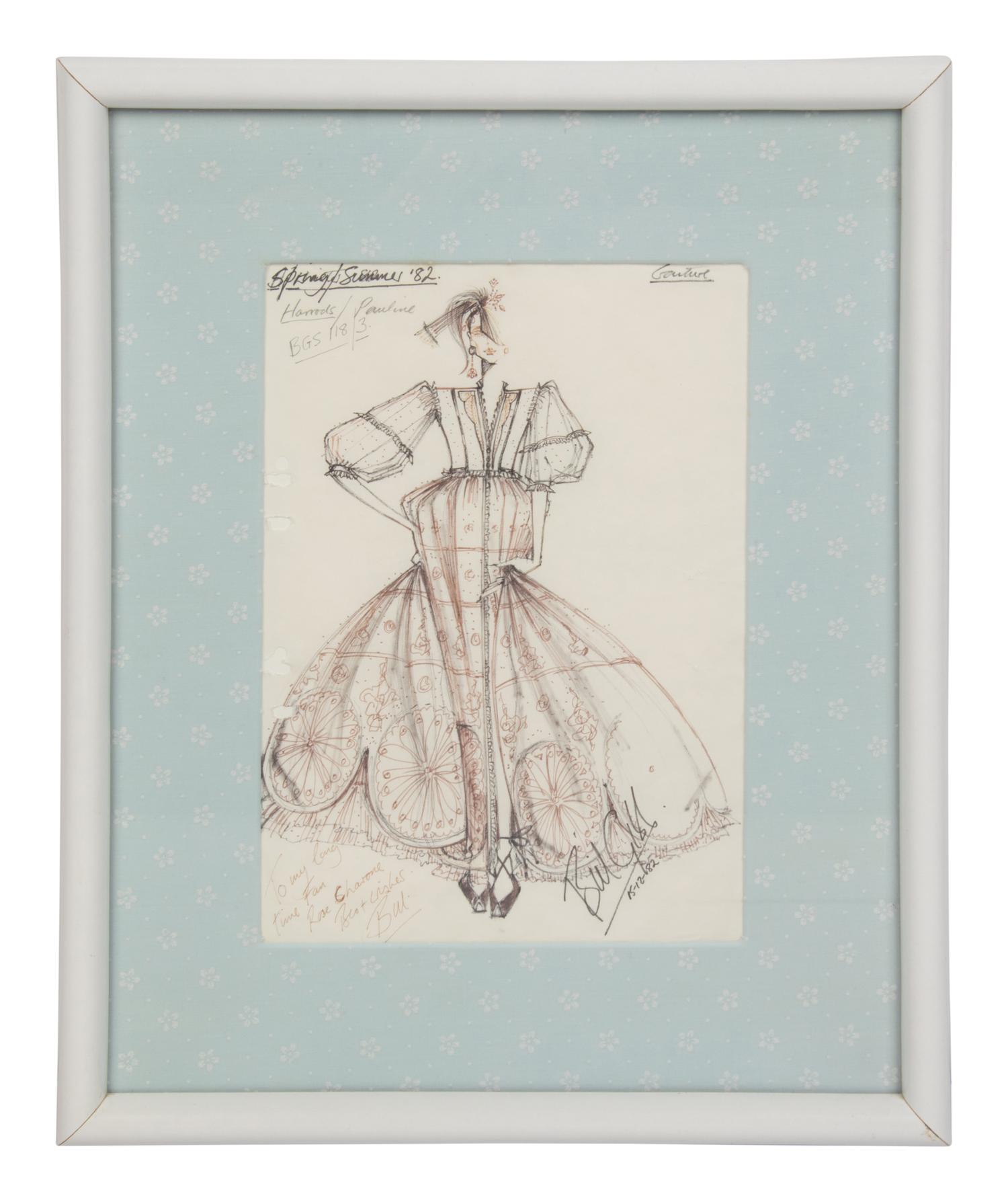 Framed Fashion Illustration by Bill Gibb, 1982