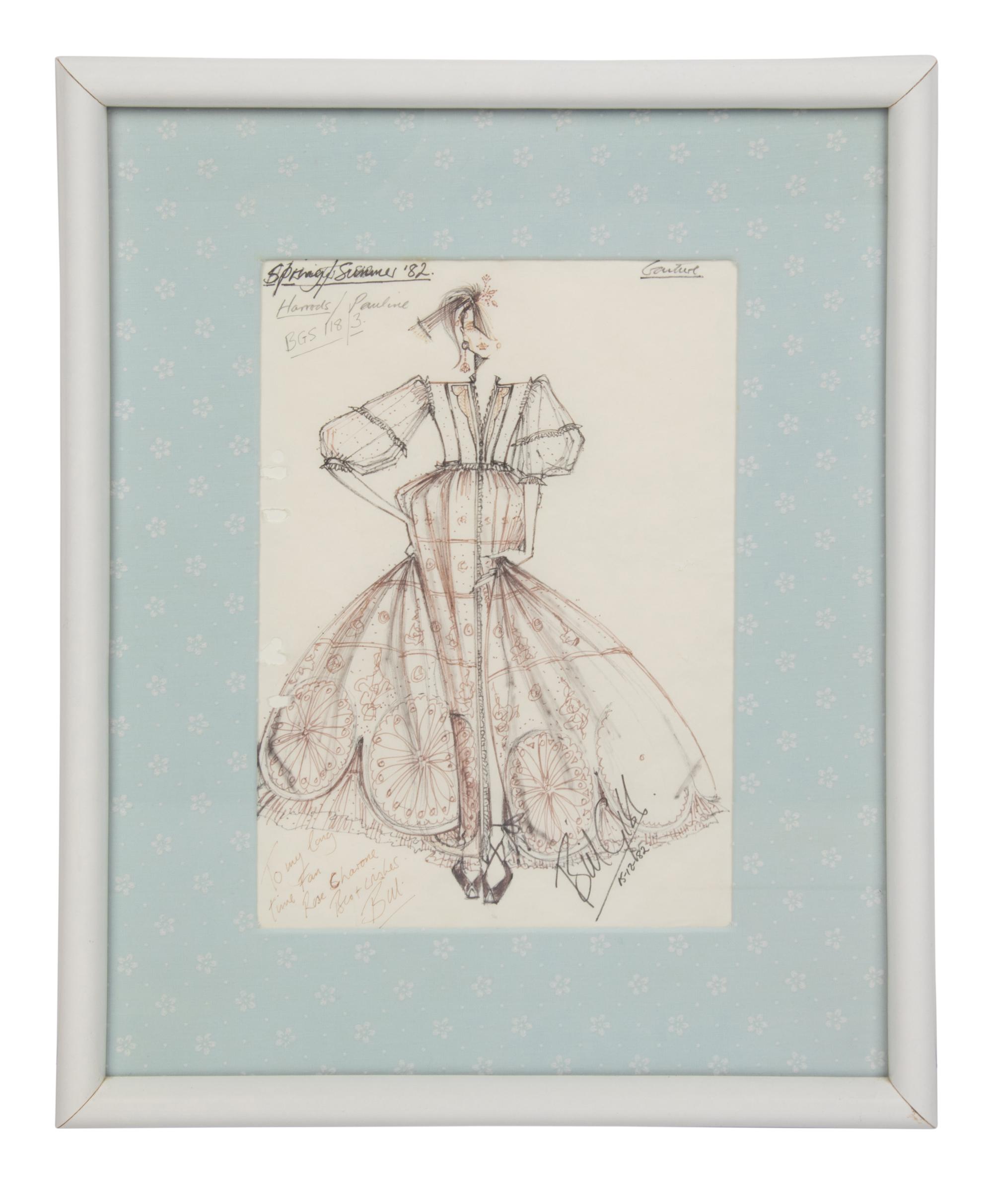 Framed Fashion Illustration by Bill Gibb, 1982