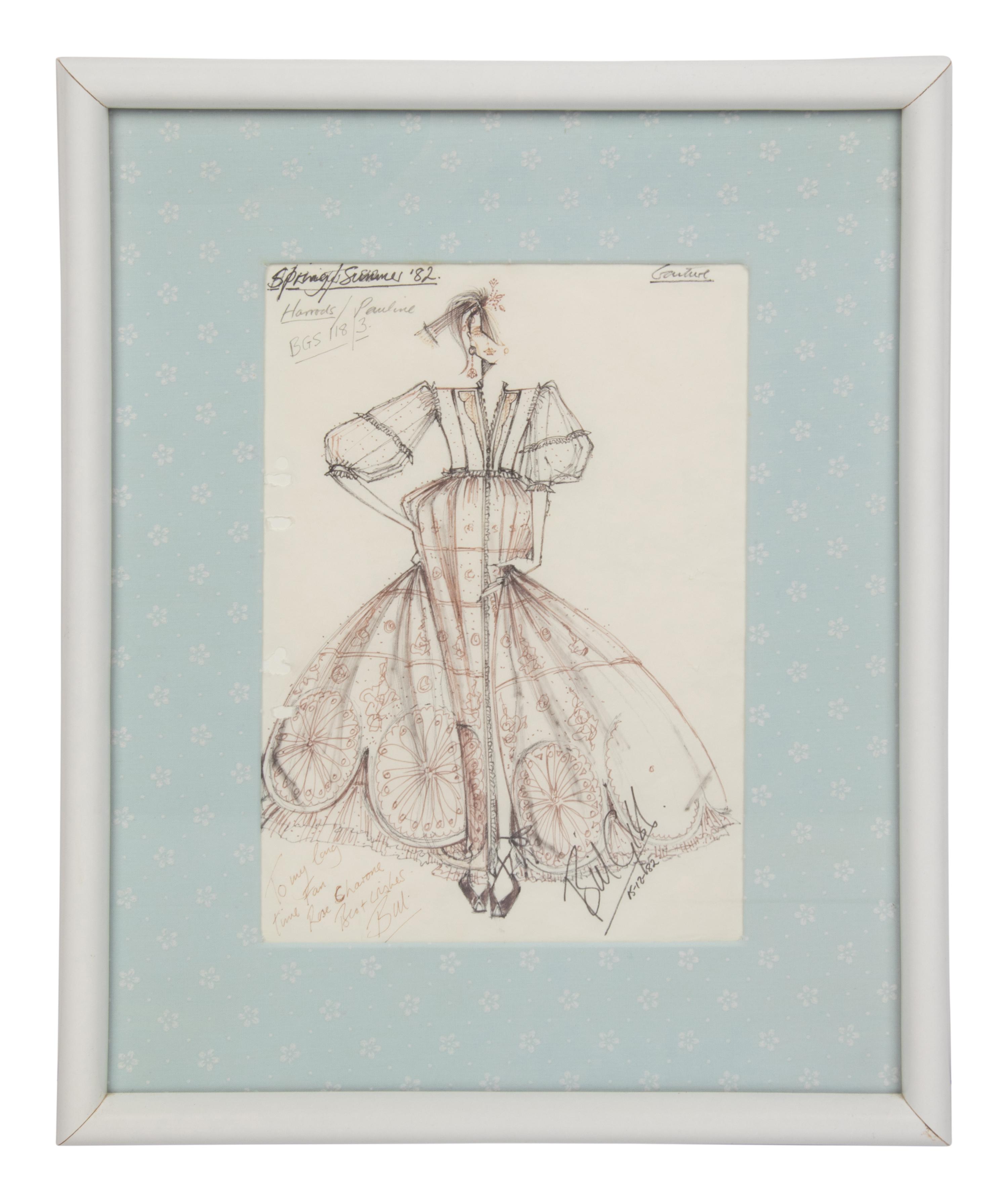 Framed Fashion Illustration by Bill Gibb, 1982