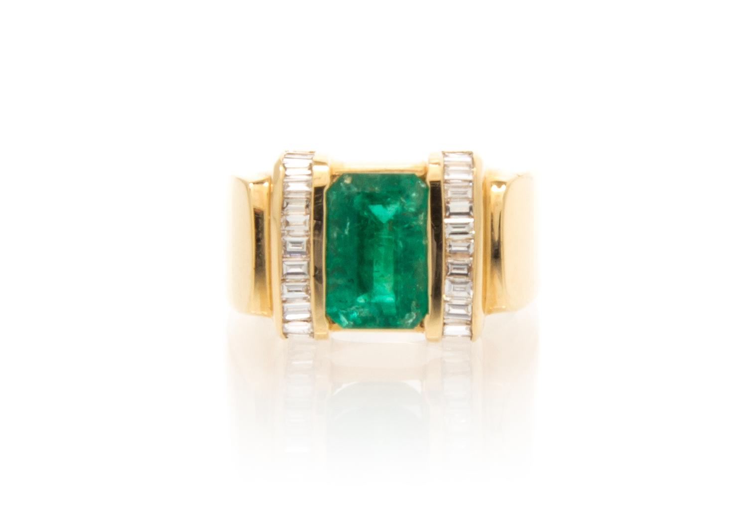 An 18 Karat Yellow Gold, Emerald and Diamond Ring, 7.40 dwts.