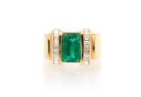 An 18 Karat Yellow Gold, Emerald and Diamond Ring, 7.40 dwts.