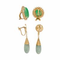 Two Pairs of Jade and Yellow Gold Earrings