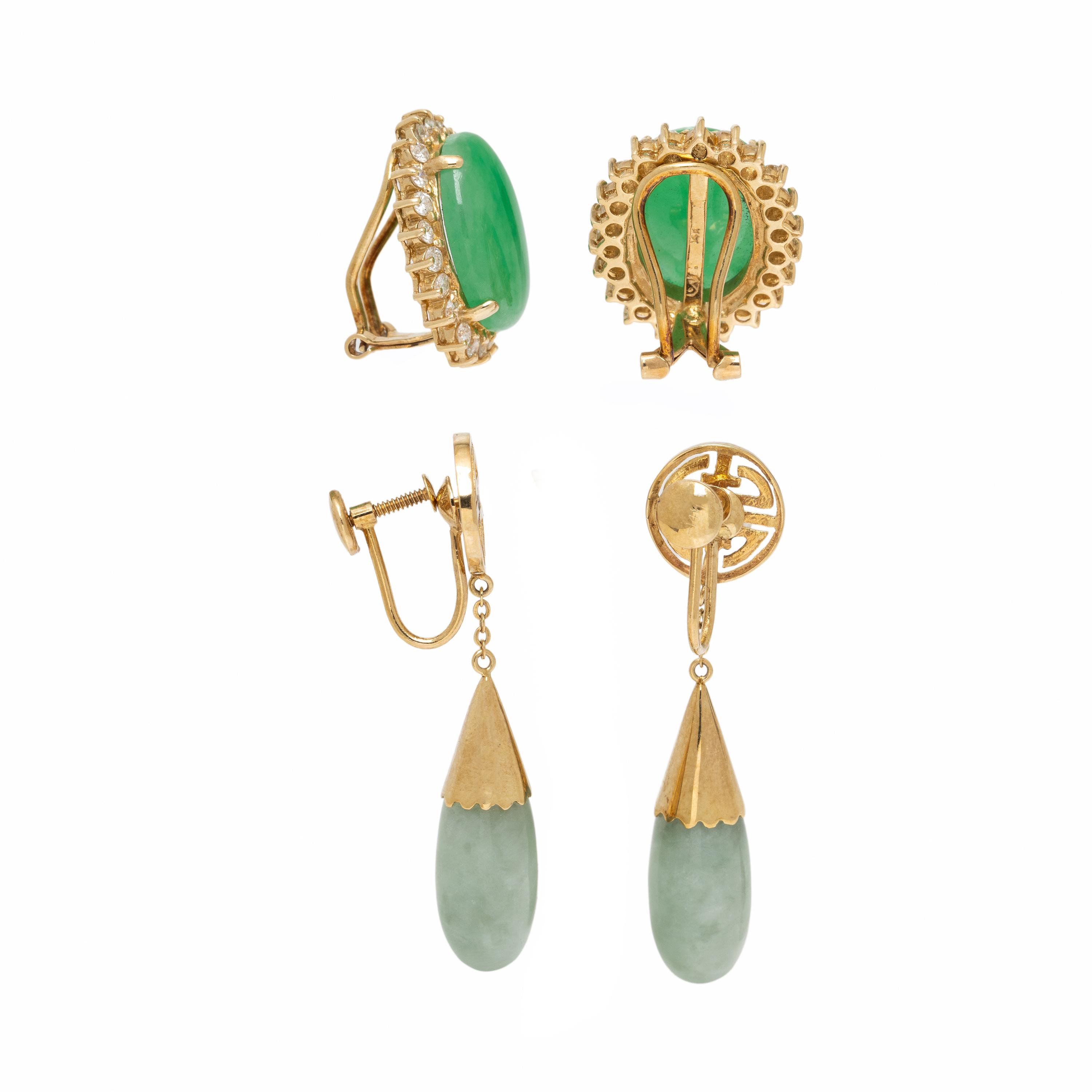 Two Pairs of Jade and Yellow Gold Earrings