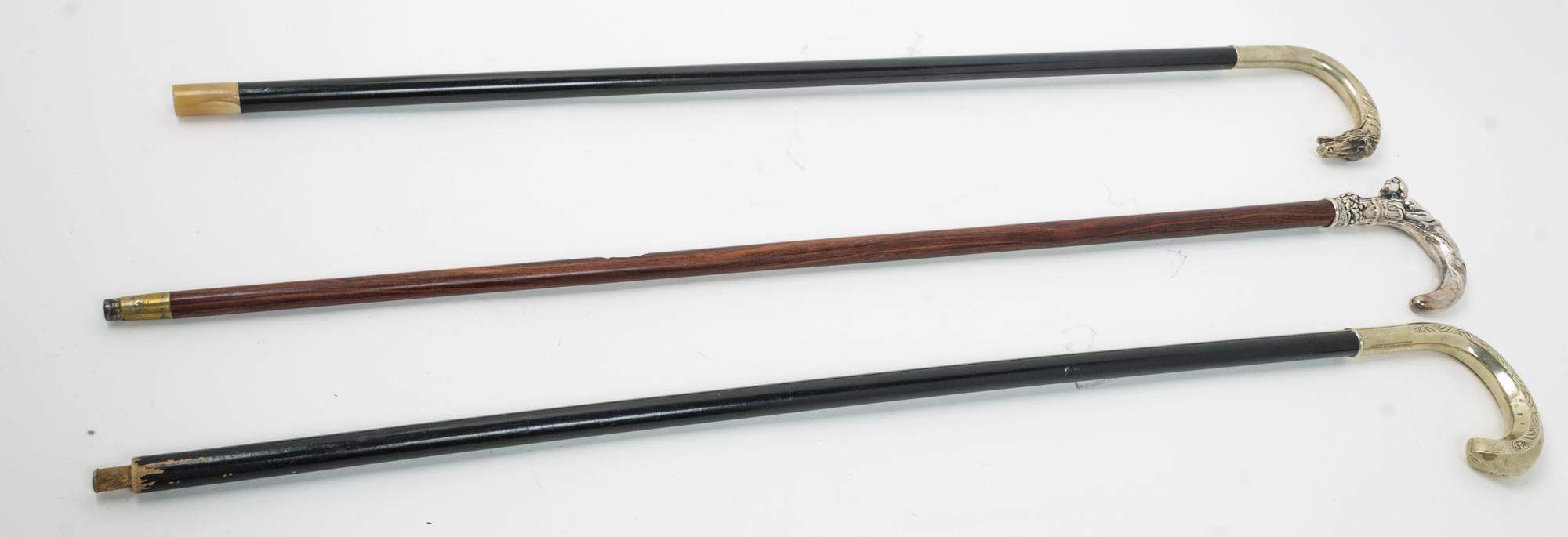 Three Silver Handled Walking Canes Height of tallest 37 1/2 inches.