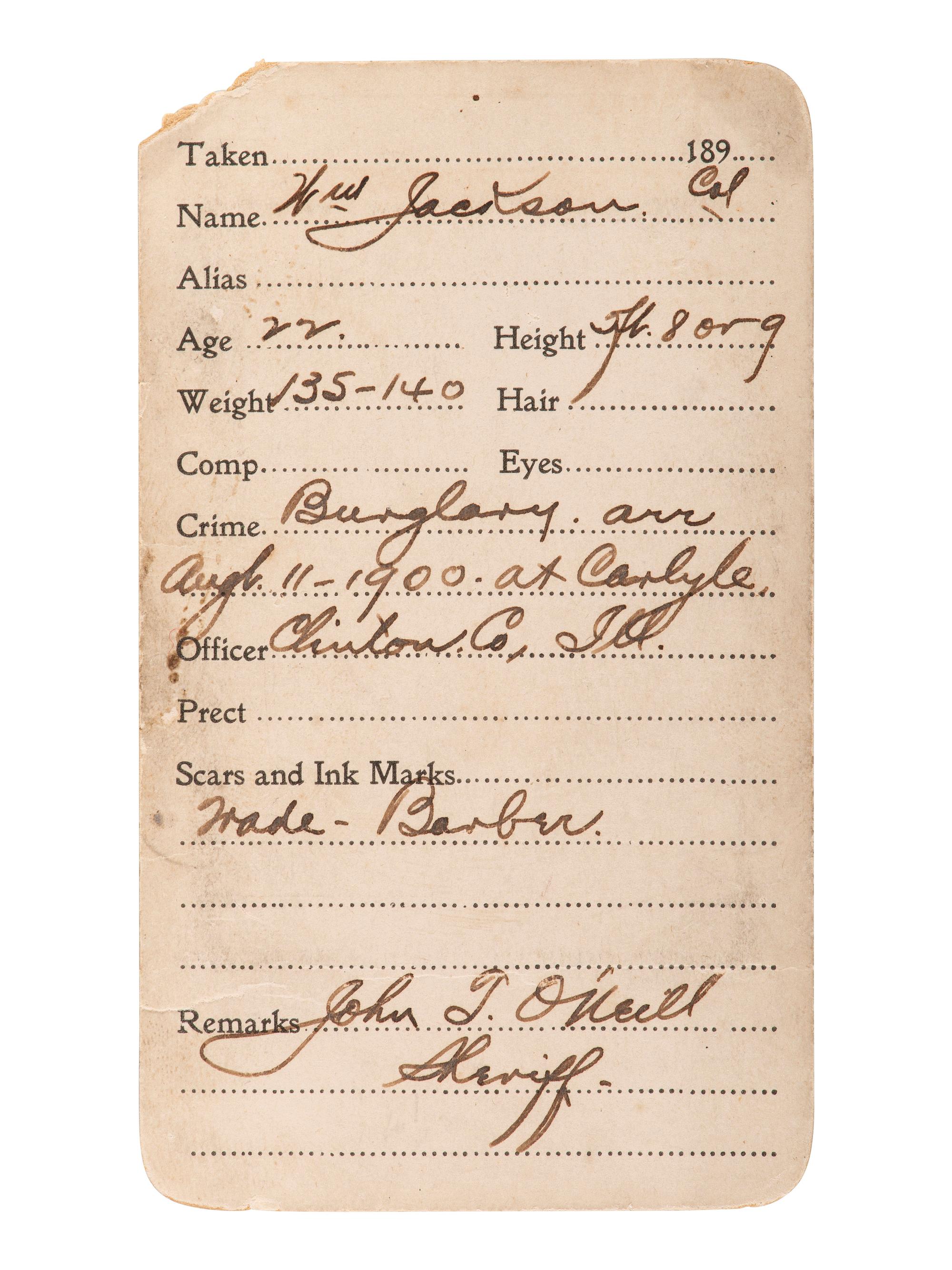 [CRIME & PUNISHMENT]. CDV "mug shot" of William Jackson, arrested for burglary in Carlyle, IL. [1900].