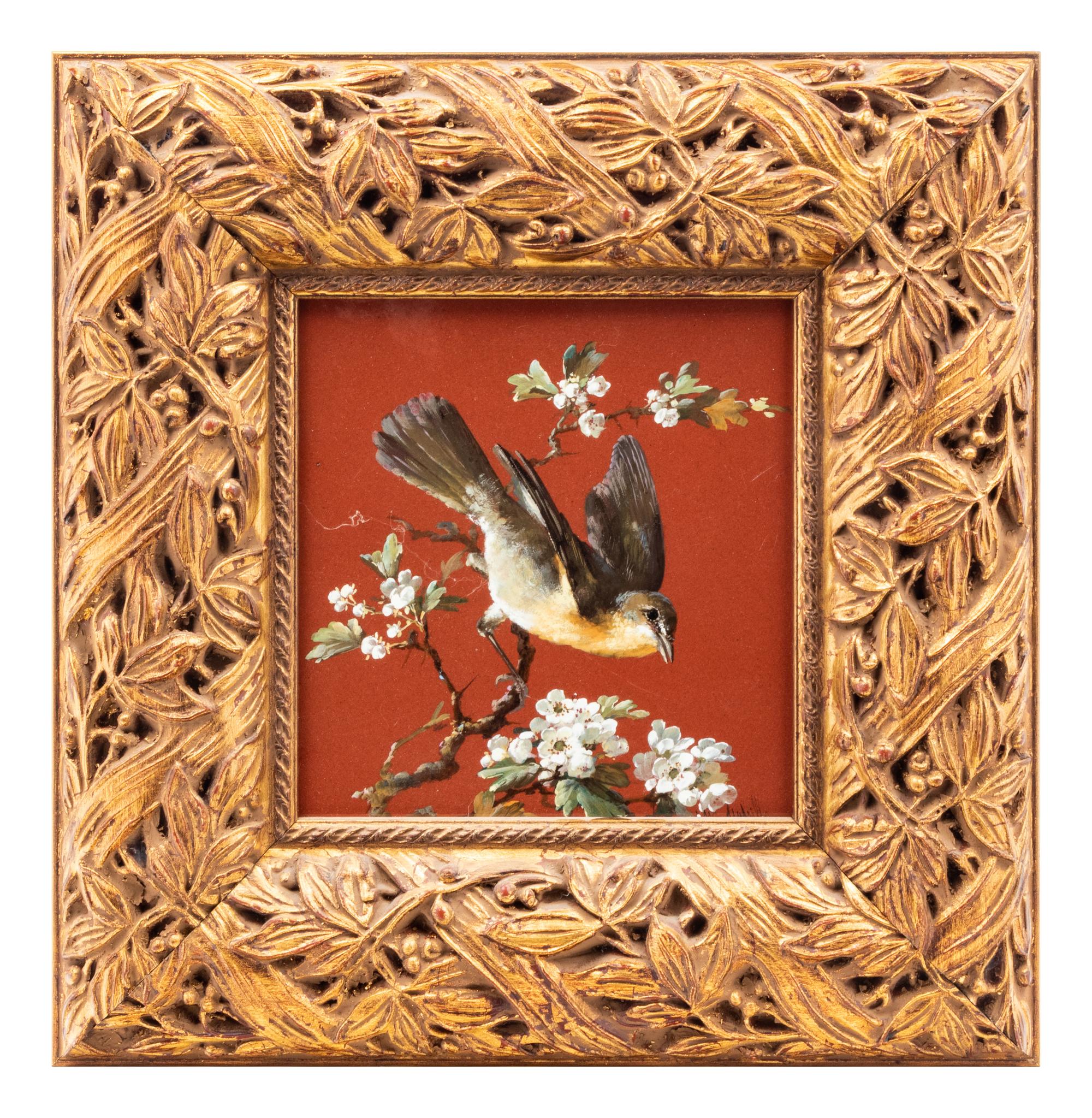 A Continental Porcelain Plaque with a Bird