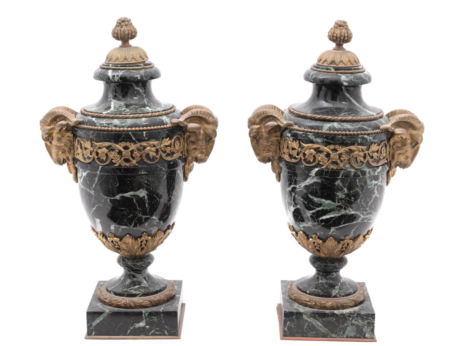 A Pair of Louis XV Style Gilt Bronze Mounted Marble Urns — 19TH CENTURY
