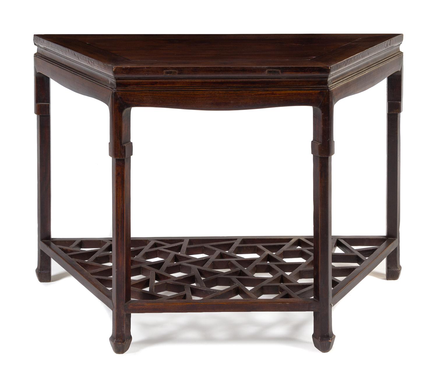 A Chinese Hardwood Demi-Lune Console Table, Shanmianzhuo Height 34 x width 50 x depth 22 inches. — LATE QING DYNASTY